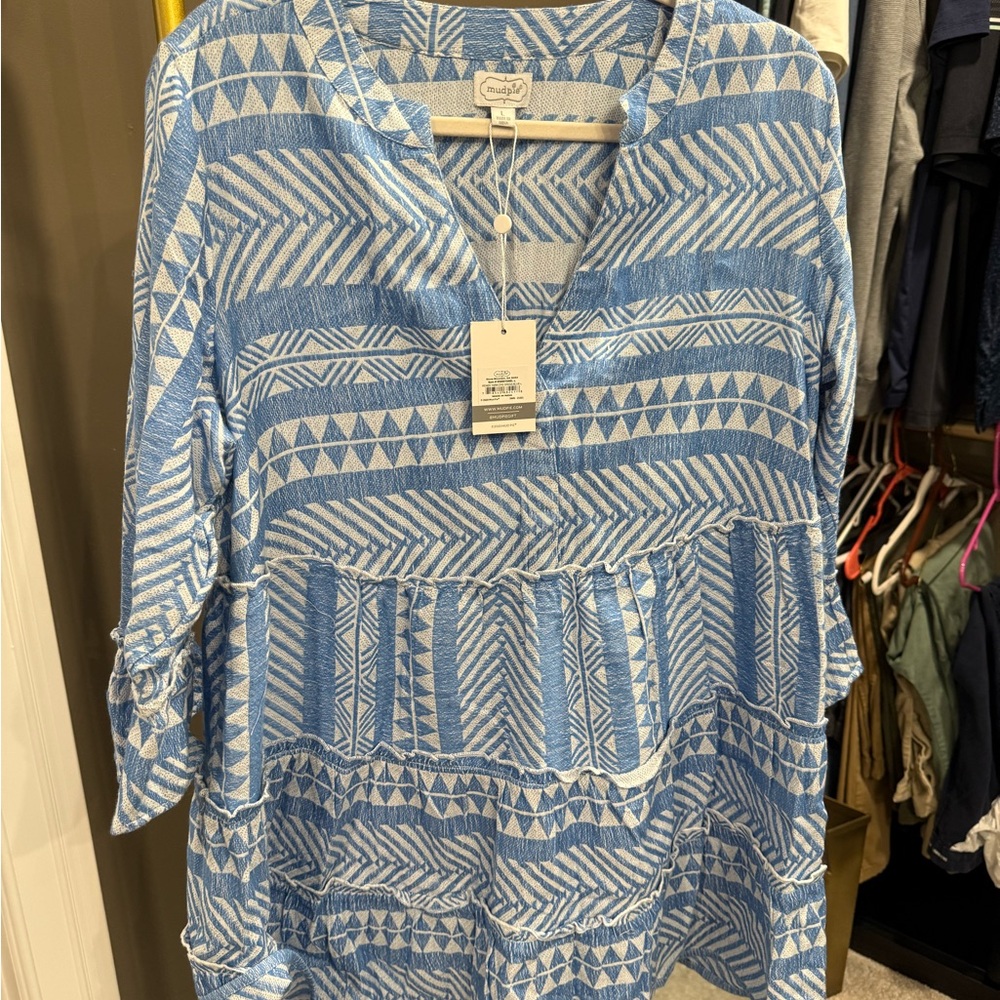 MudPie Blue and White Geometric Dress NWT